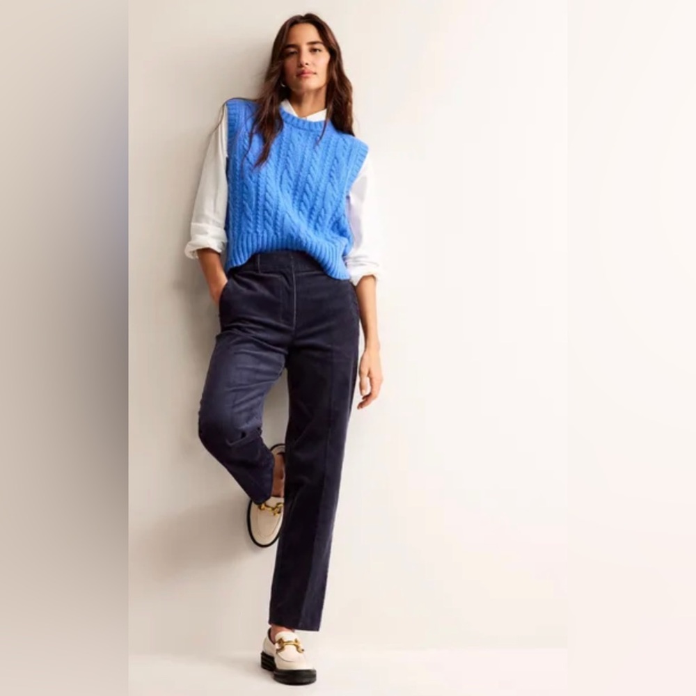Boden Blue Cable Knit Sweater Vest with Navy Women’s Pants